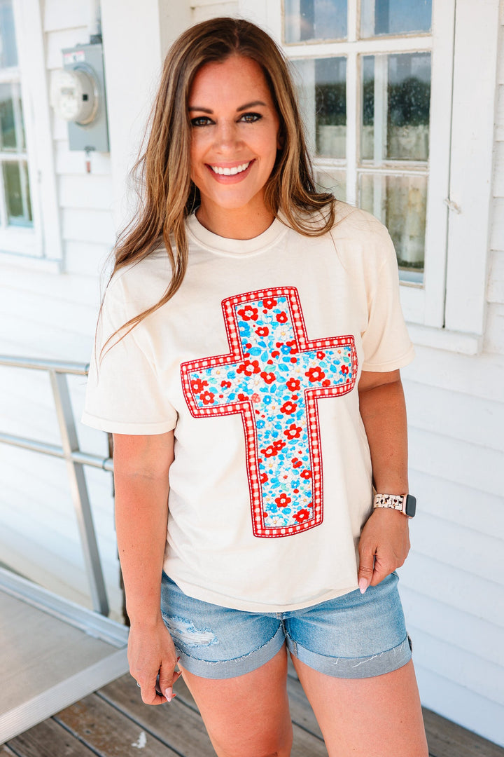 Red, White, & Blue Floral Cross Graphic Tee - Ivory