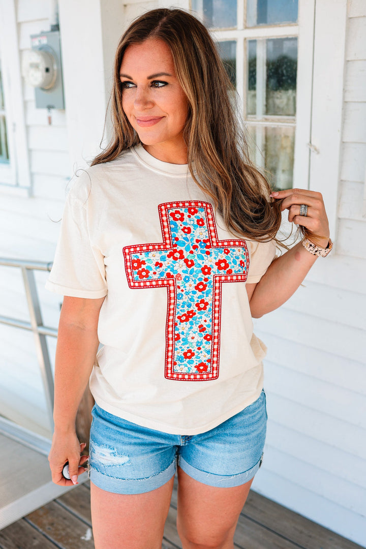 Red, White, & Blue Floral Cross Graphic Tee - Ivory