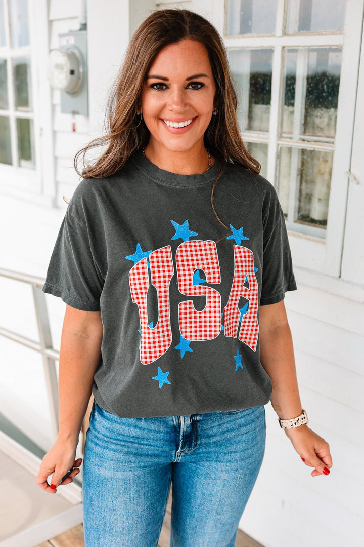 Gingham USA & Stars Graphic Tee - Pepper