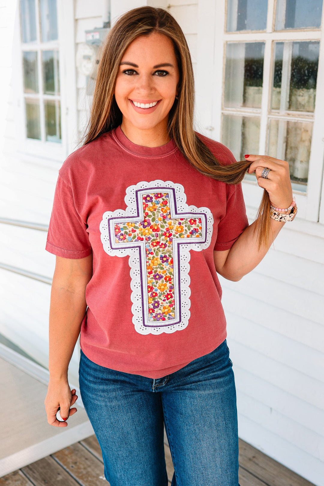 Fall Floral Cross Graphic Tee - Brick