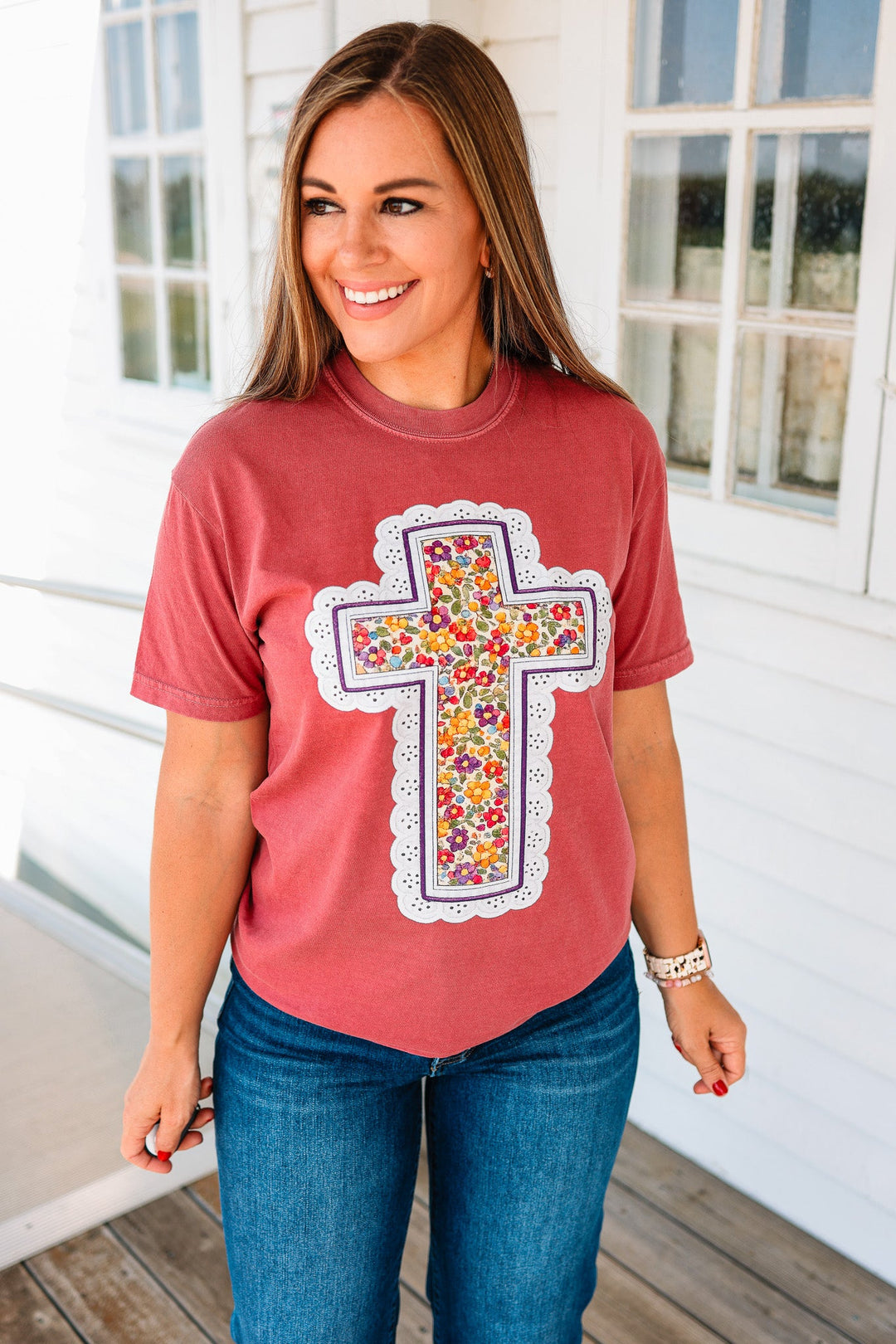 Fall Floral Cross Graphic Tee - Brick
