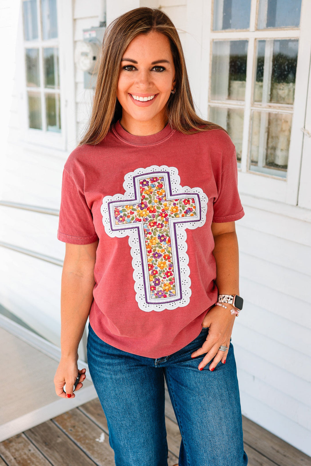 Fall Floral Cross Graphic Tee - Brick