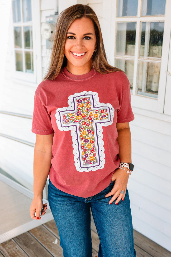 Fall Floral Cross Graphic Tee - Brick