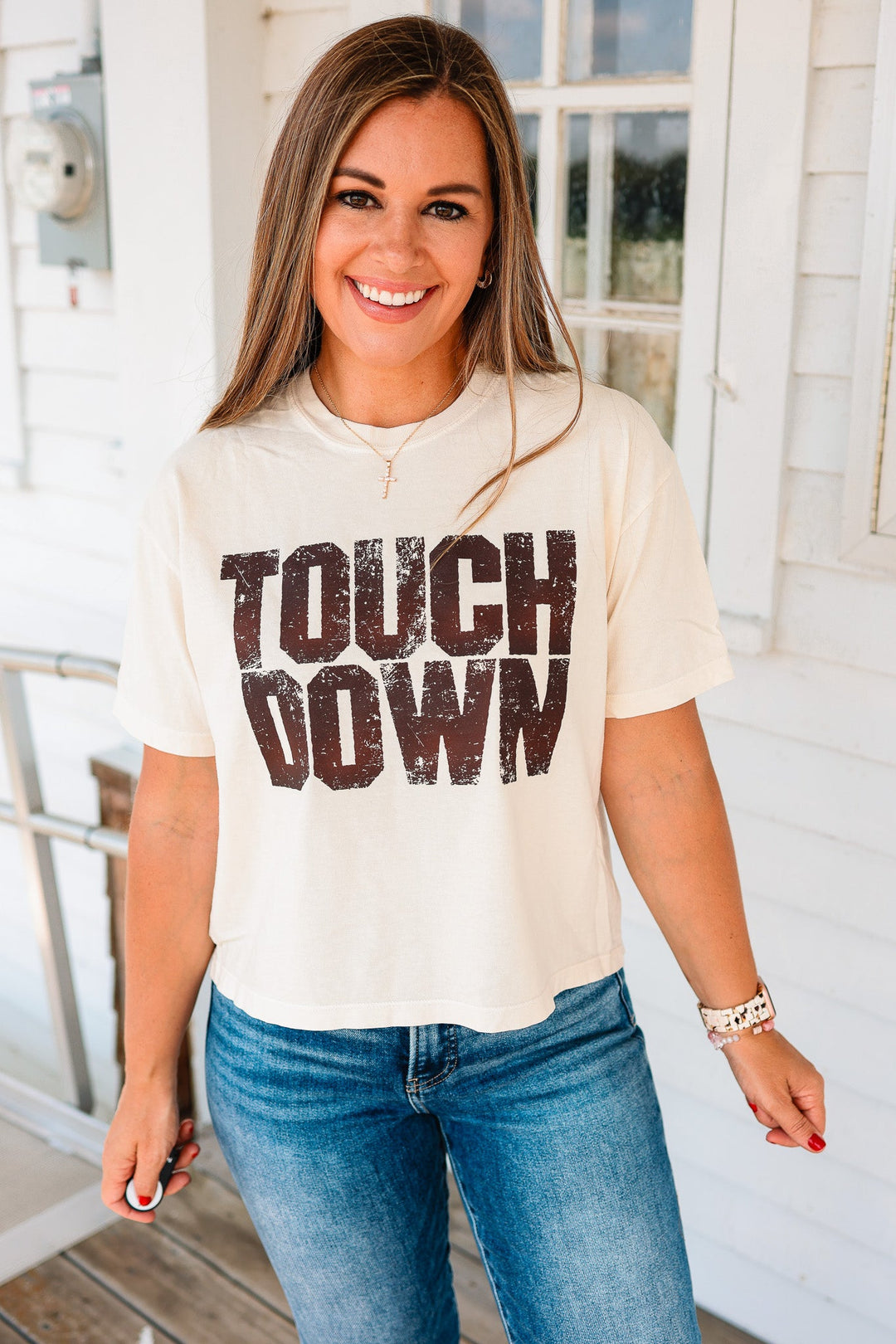 TOUCH DOWN Crop Graphic Tee - Ivory