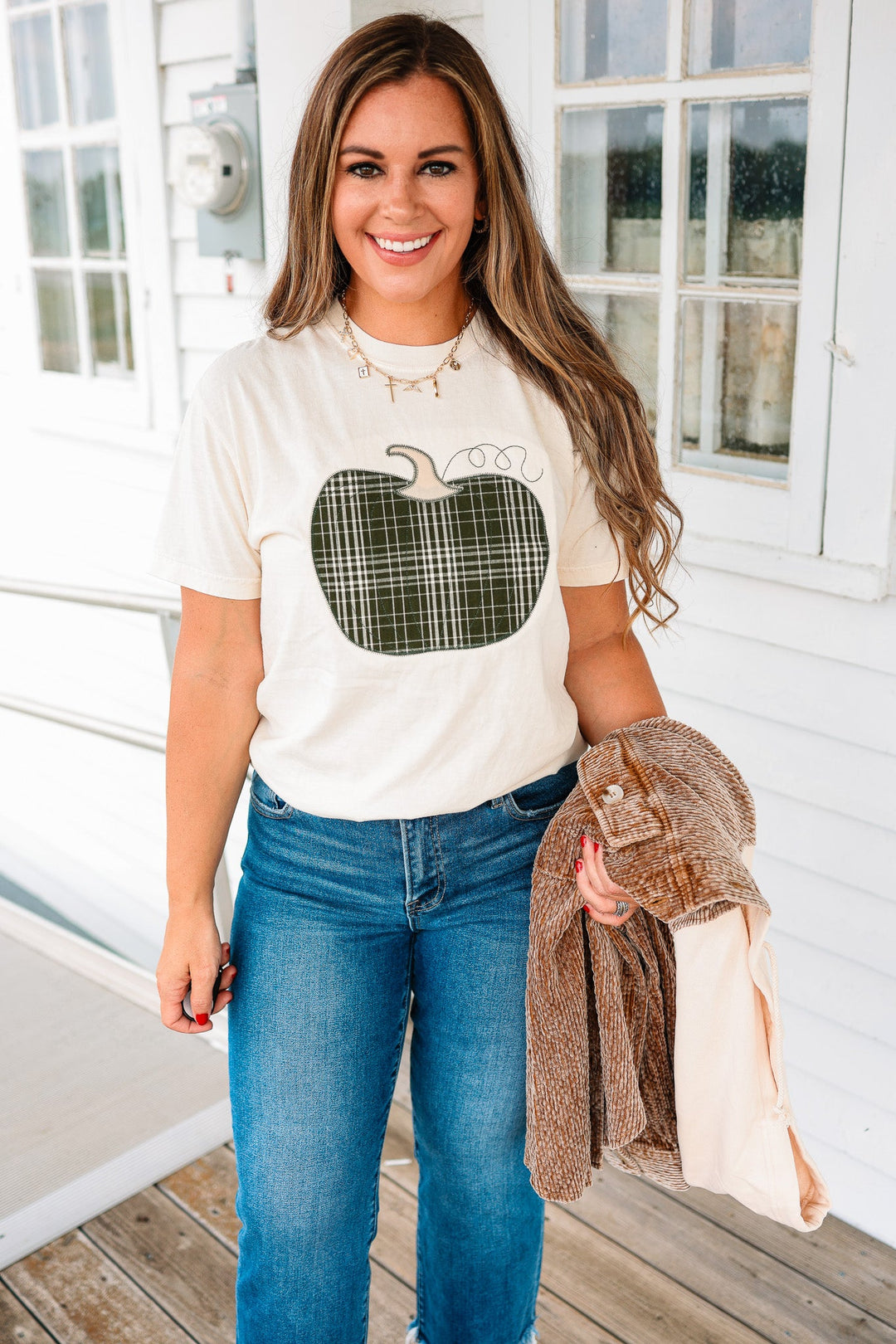 Green Plaid Appliqué Pumpkin Graphic Tee - Ivory