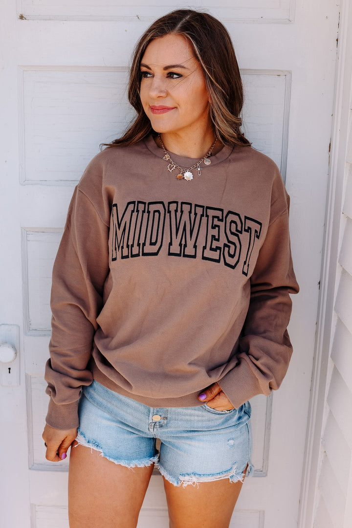 MIDWEST Embroidered Crewneck Sweatshirt - Latte Brown