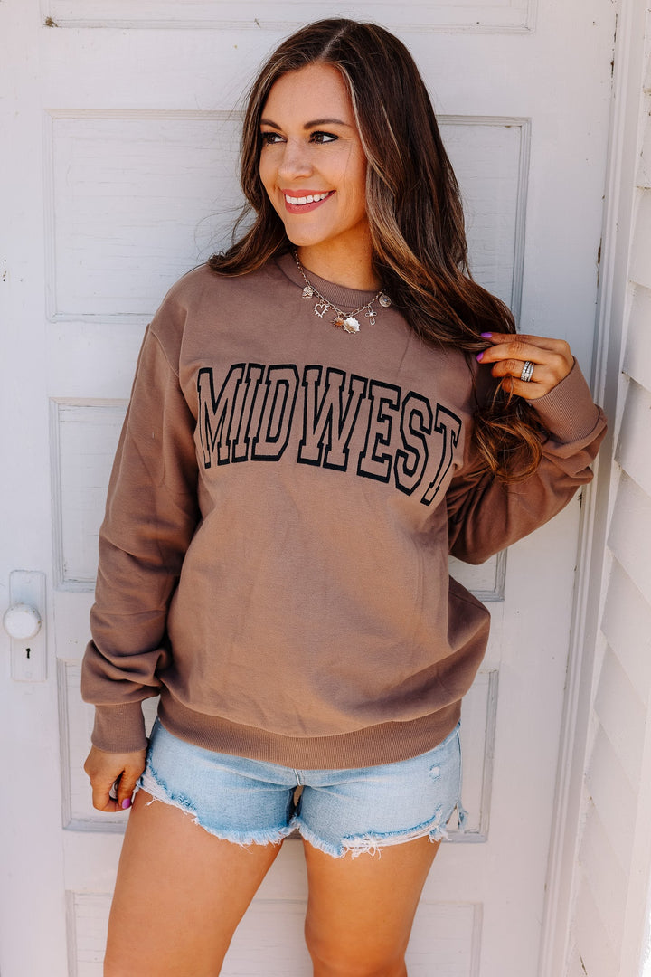 MIDWEST Embroidered Crewneck Sweatshirt - Latte Brown