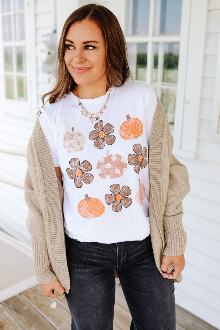 Boho Flowers & Pumpkins Graphic Tee - White