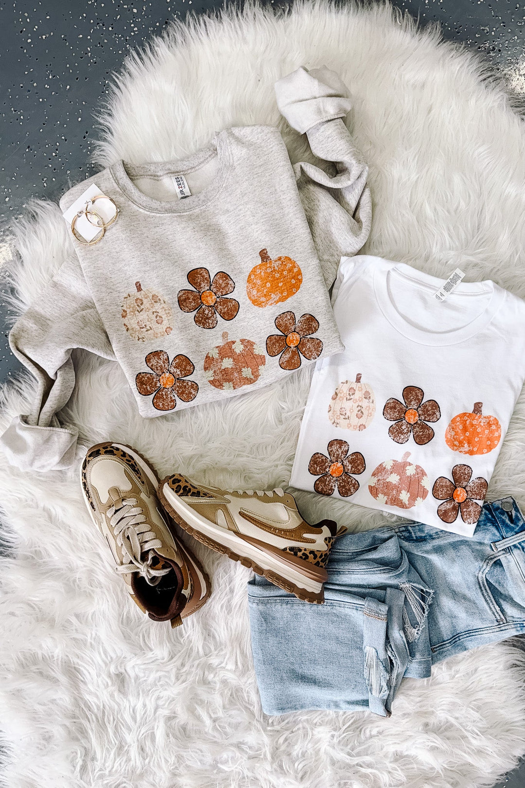 Boho Flowers & Pumpkins Graphic Tee - White