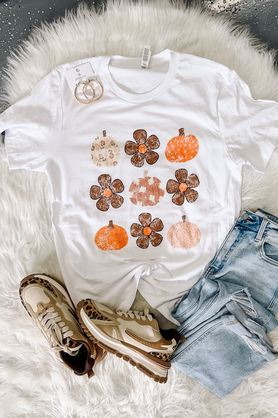 Boho Flowers & Pumpkins Graphic Tee - White