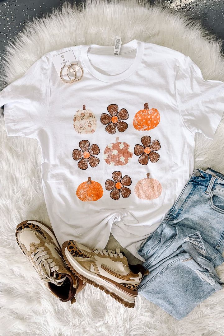 Boho Flowers & Pumpkins Graphic Tee - White