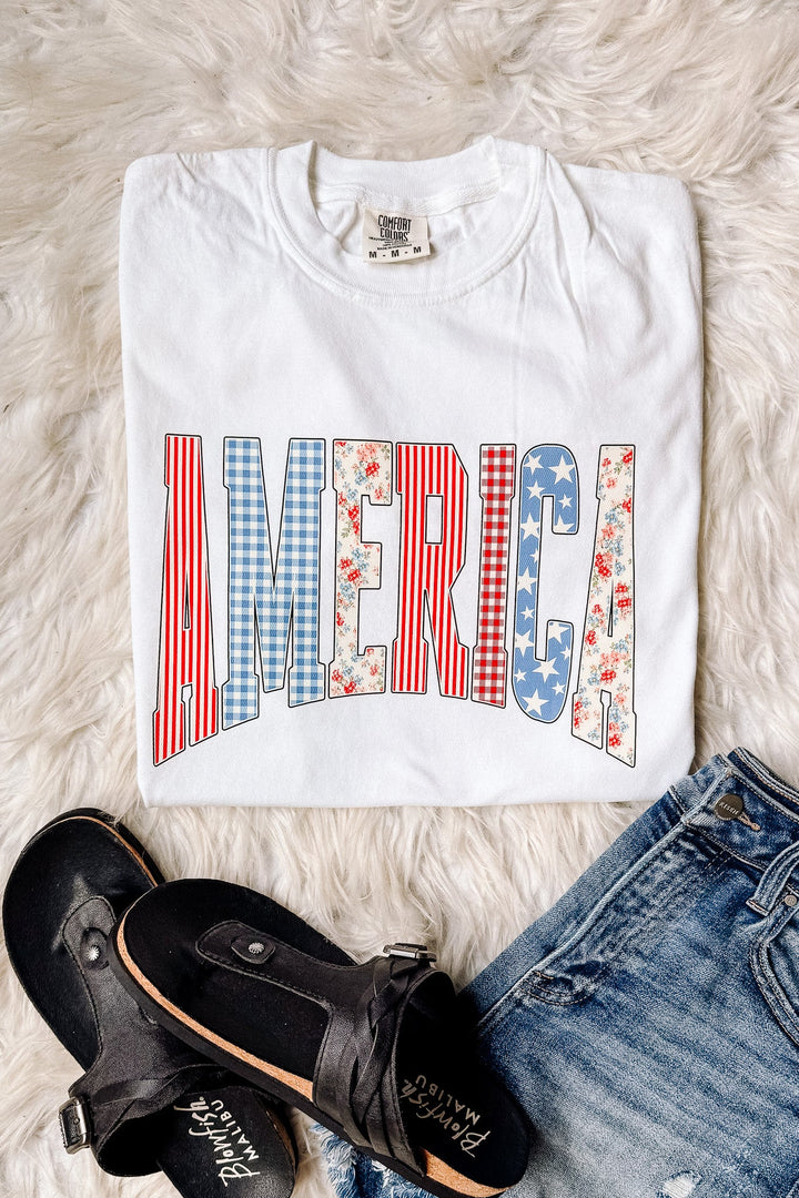 AMERICA Stripes, Gingham, Floral Graphic Tee - White