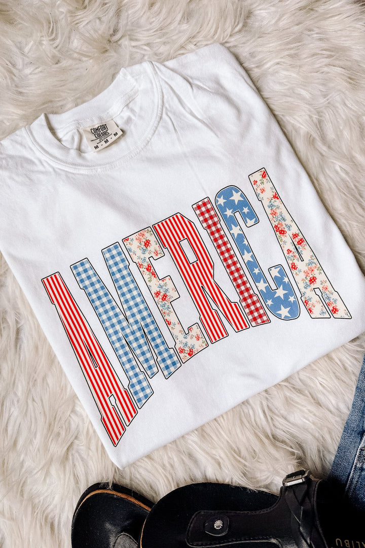 AMERICA Stripes, Gingham, Floral Graphic Tee - White