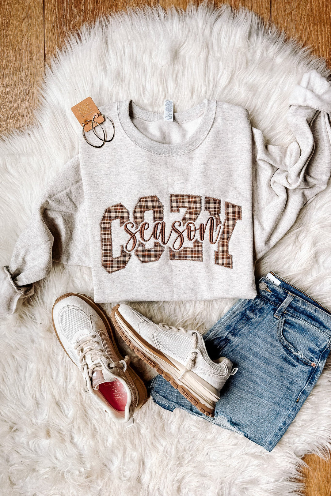 Cozy Season Appliqué Plaid Embroidered Sweatshirt - Oatmeal Heather