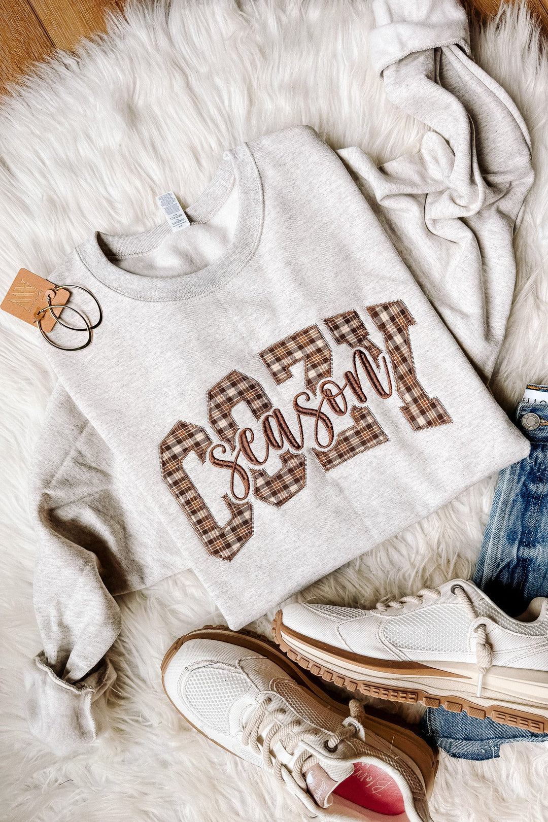 Cozy Season Appliqué Plaid Embroidered Sweatshirt - Oatmeal Heather