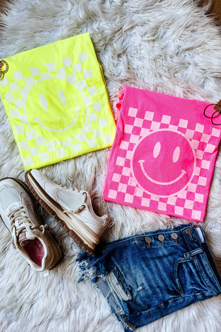 Distressed Checkered Happy Face Graphic Tee - Multiple Colors
