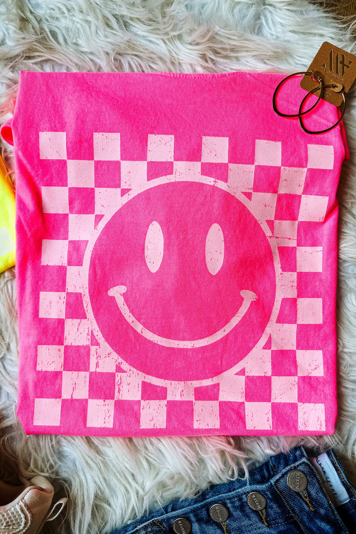 Distressed Checkered Happy Face Graphic Tee - Multiple Colors
