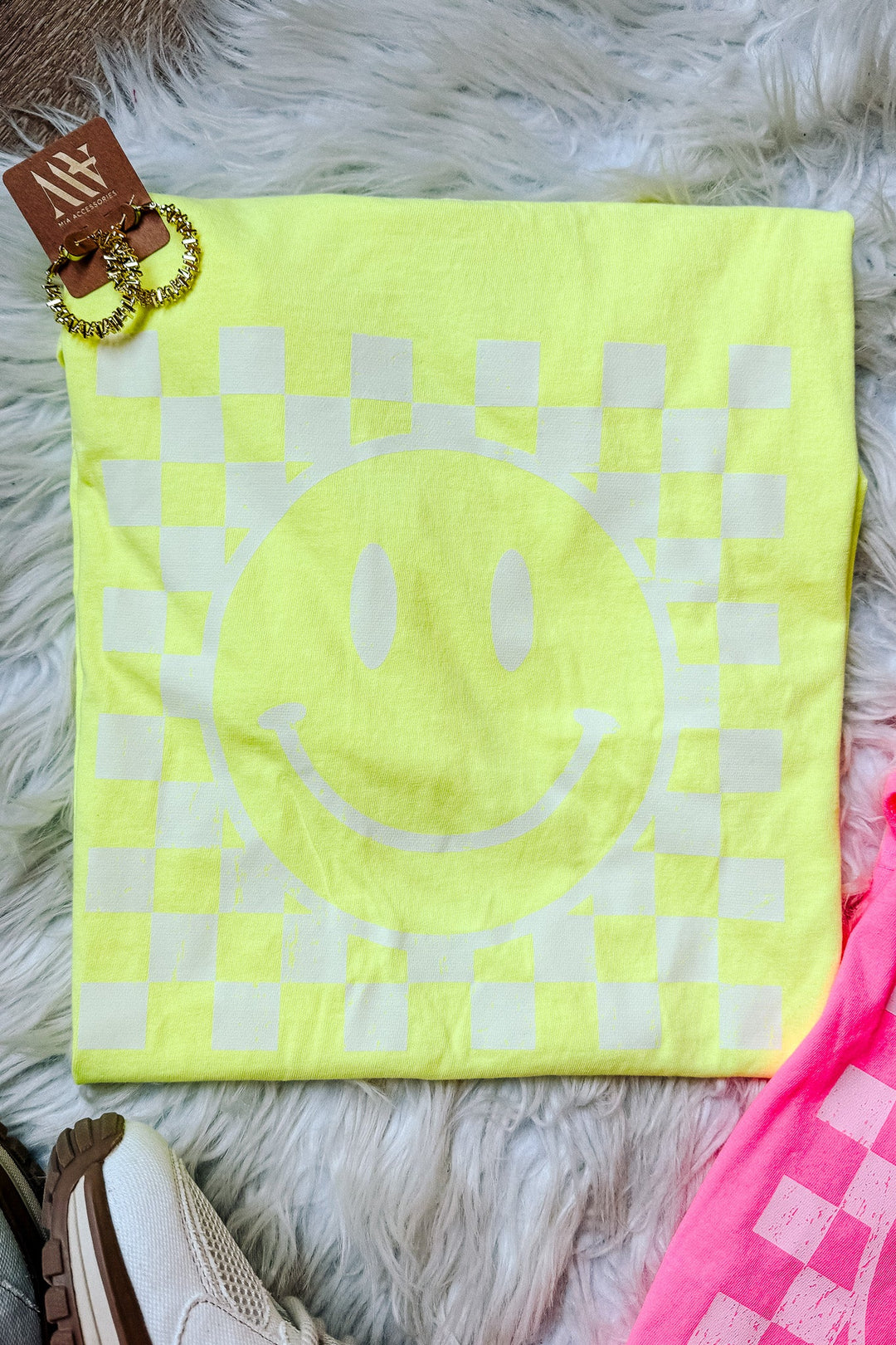 Distressed Checkered Happy Face Graphic Tee - Multiple Colors