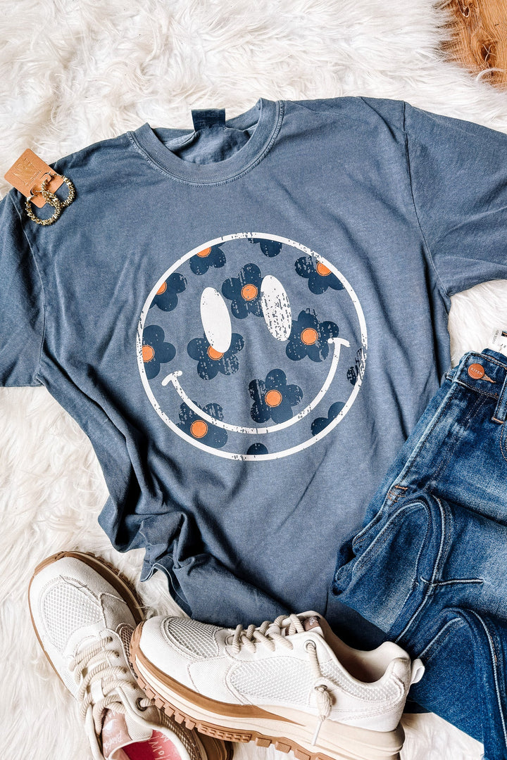 Retro Flower Happy Face Graphic Tee - Denim
