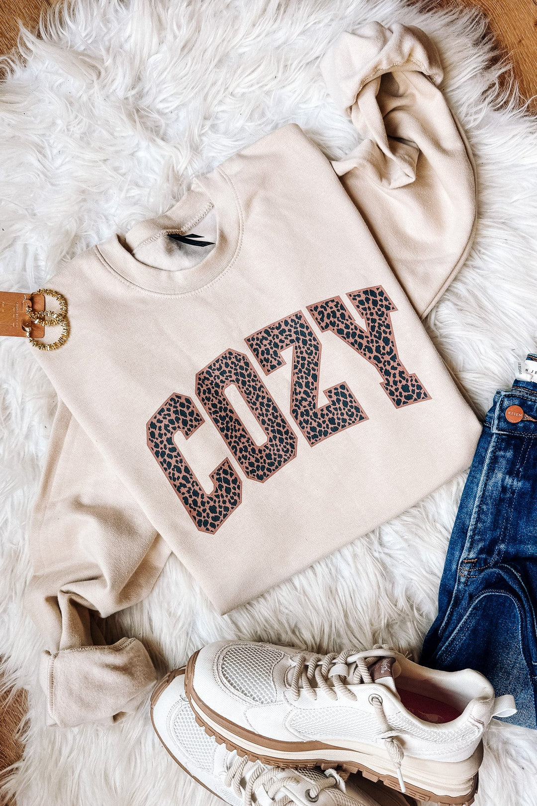 COZY Leopard Crewneck Sweatshirt - Sand