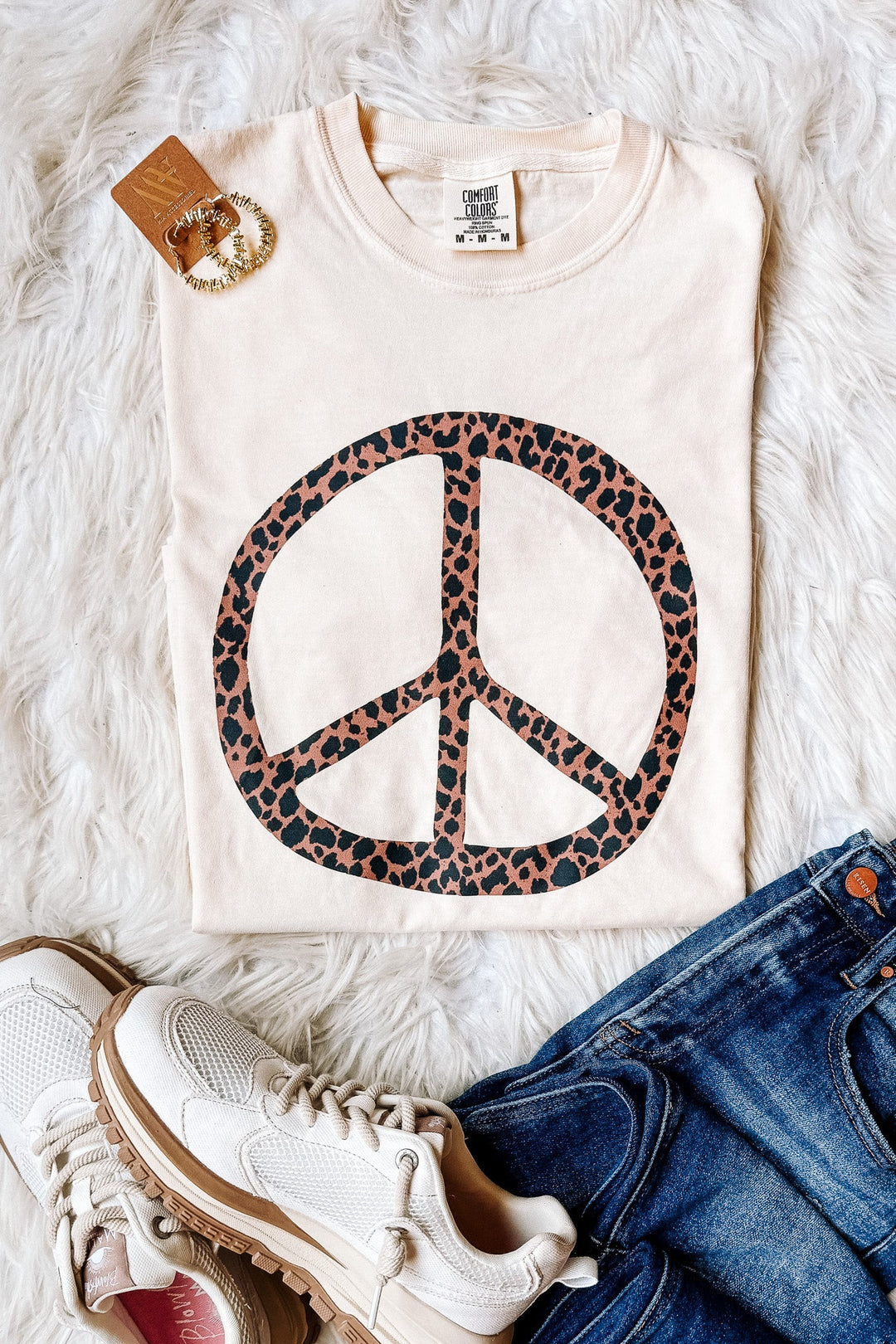 Leopard Peace Sign Graphic Tee - Ivory