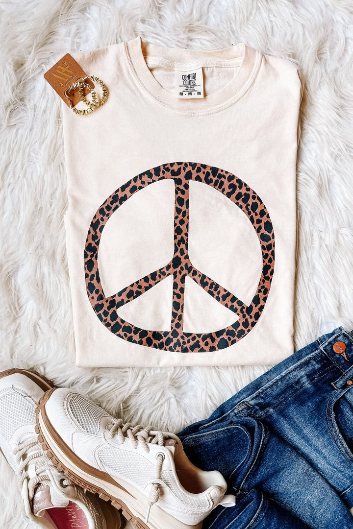 Leopard Peace Sign Graphic Tee - Ivory