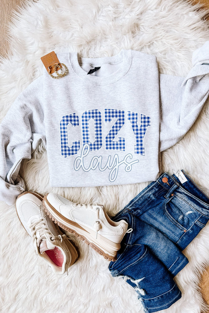 Navy Checkered Cozy Days Crewneck Sweatshirt - Ash Grey