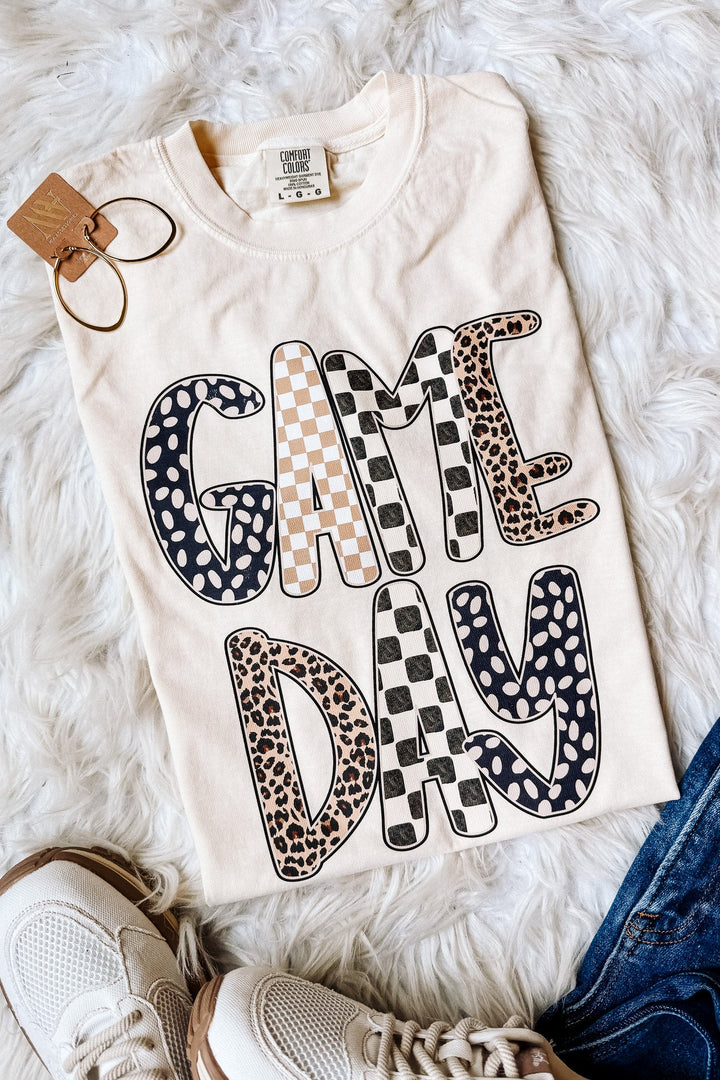 Checkered, Leopard, Dot Game Day Graphic Tee - Ivory
