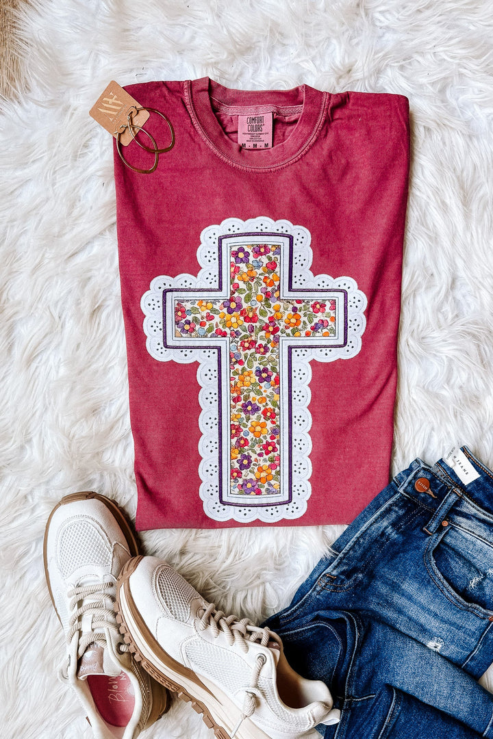 Fall Floral Cross Graphic Tee - Brick