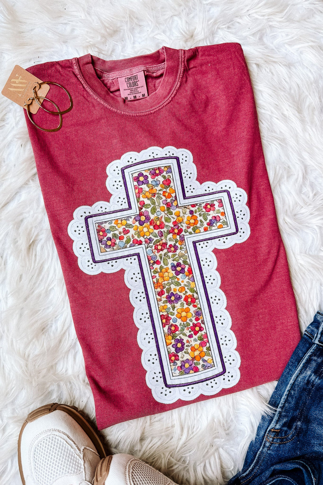 Fall Floral Cross Graphic Tee - Brick