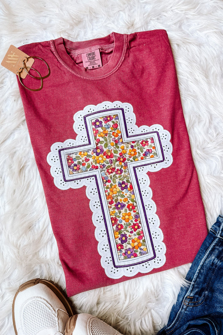 Fall Floral Cross Graphic Tee - Brick