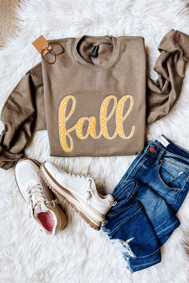 Mustard Floral Fall Appliqué Embroidered Crewneck Sweatshirt - Brown