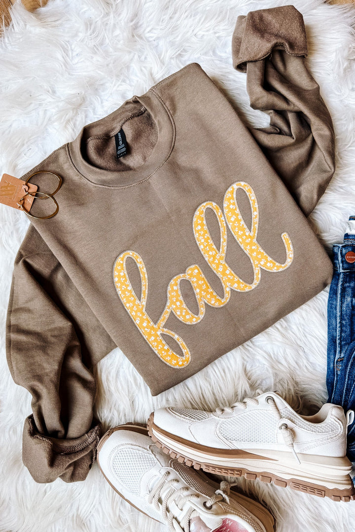 Mustard Floral Fall Appliqué Embroidered Crewneck Sweatshirt - Brown