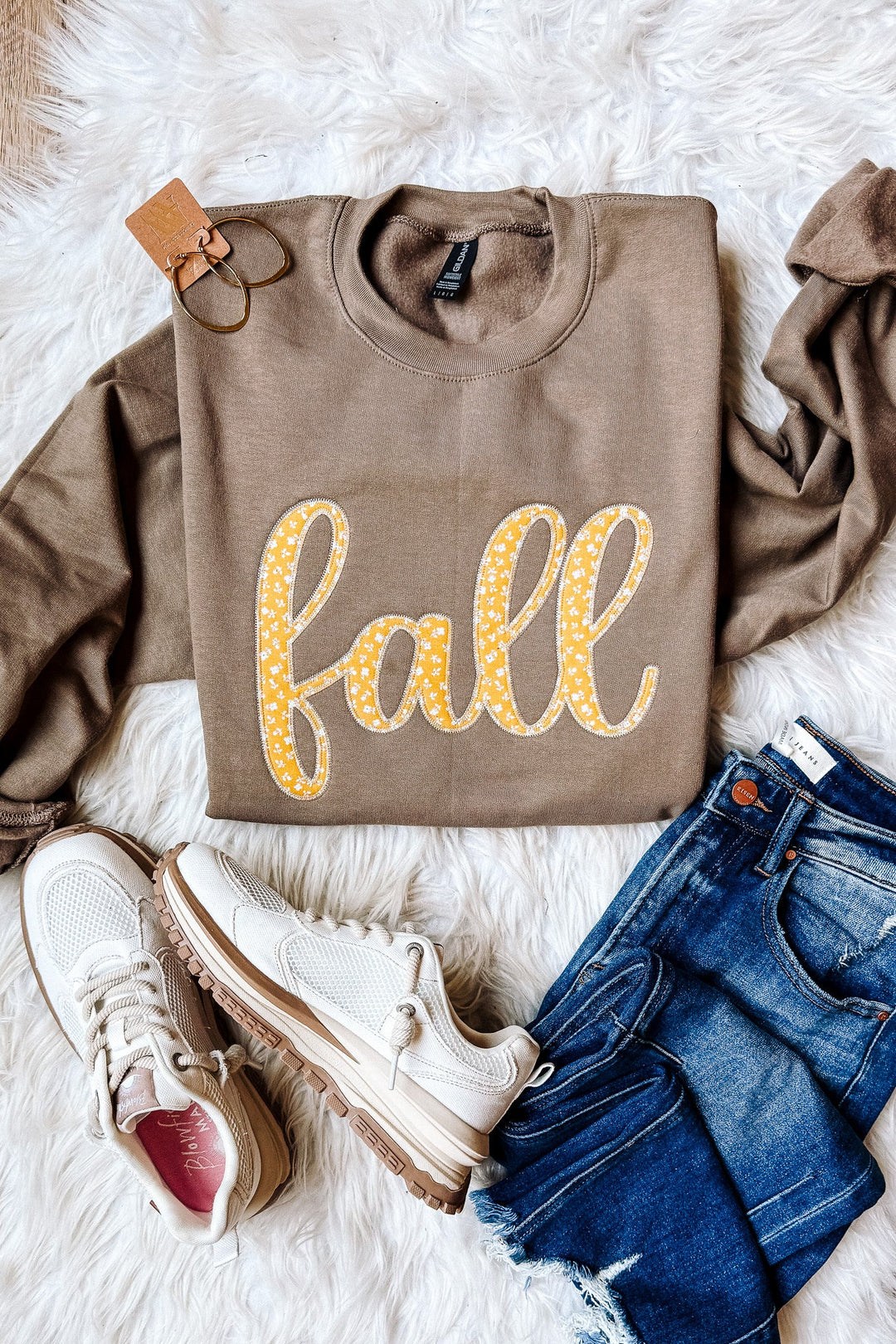 Mustard Floral Fall Appliqué Embroidered Crewneck Sweatshirt - Brown