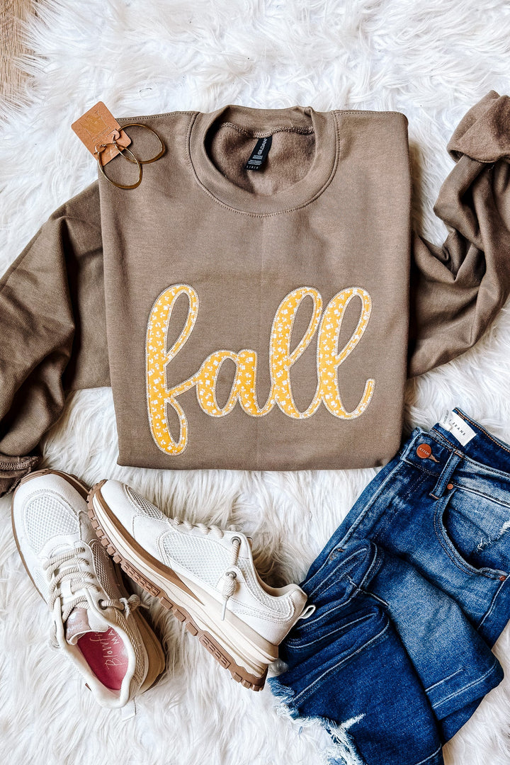 Mustard Floral Fall Appliqué Embroidered Crewneck Sweatshirt - Brown