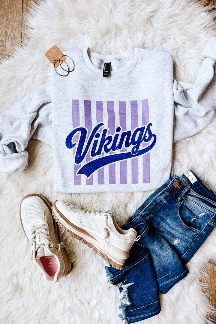 Vikings Stripe Retro Graphic Crewneck Sweatshirt - Ash Grey