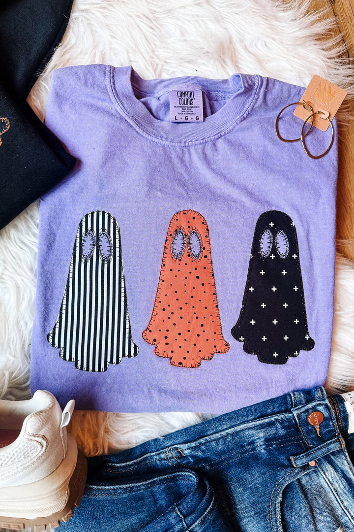 3 Spooky Ghosts Appliqué Graphic Tee - Violet