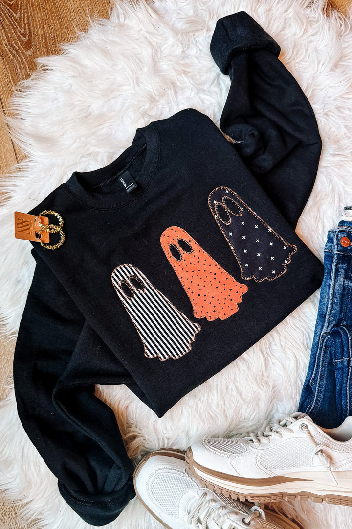 3 Spooky Ghosts Appliqué Embroidered Sweatshirt - Black