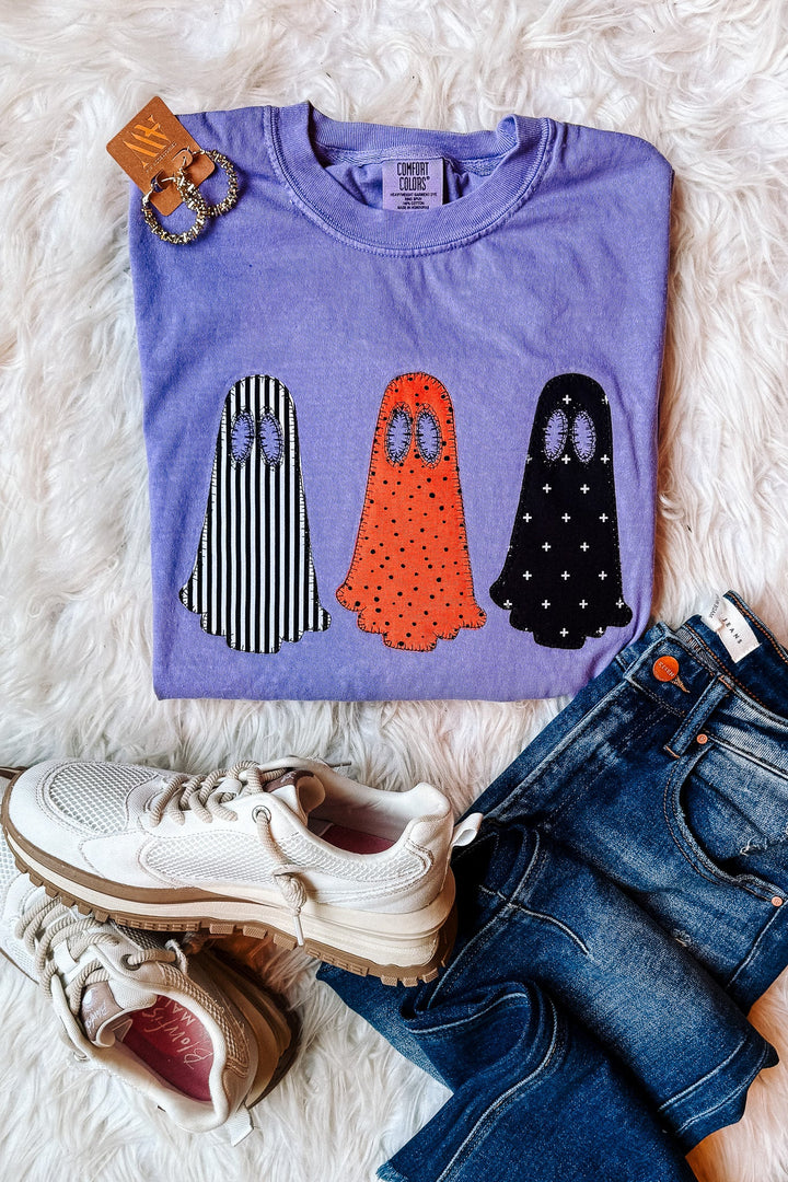 3 Spooky Ghosts Appliqué Graphic Tee - Violet