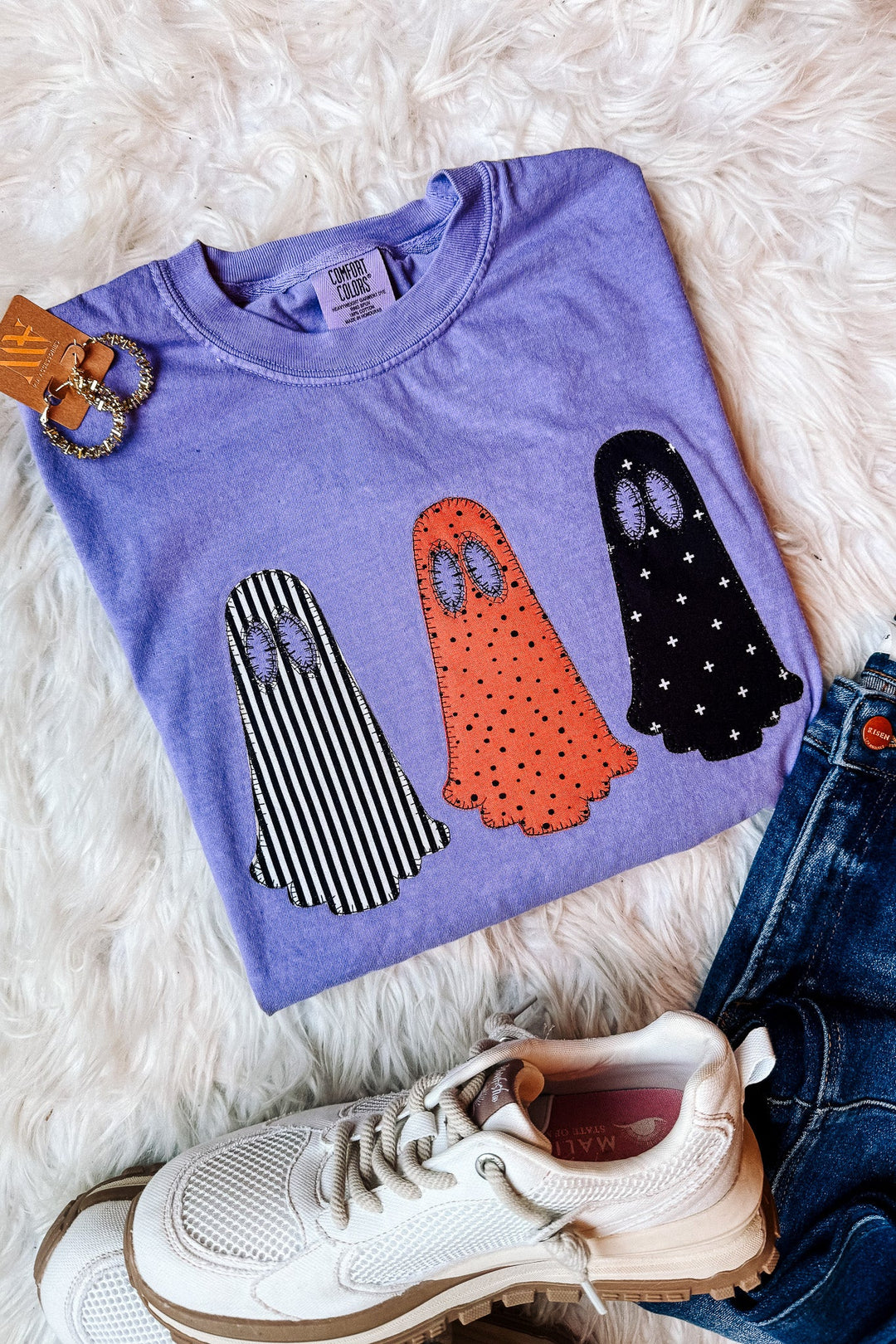 3 Spooky Ghosts Appliqué Graphic Tee - Violet