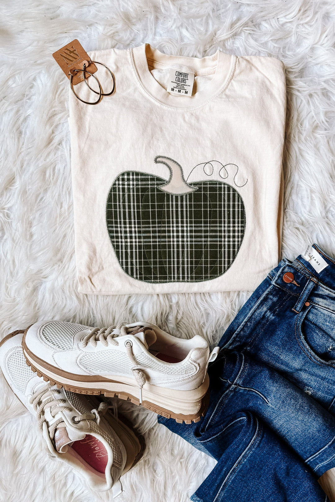 Green Plaid Appliqué Pumpkin Graphic Tee - Ivory