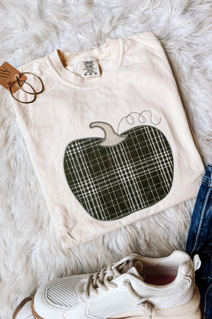 Green Plaid Appliqué Pumpkin Graphic Tee - Ivory