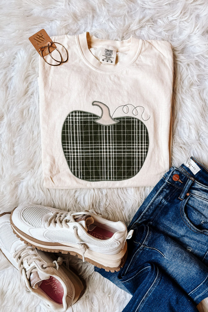 Green Plaid Appliqué Pumpkin Graphic Tee - Ivory