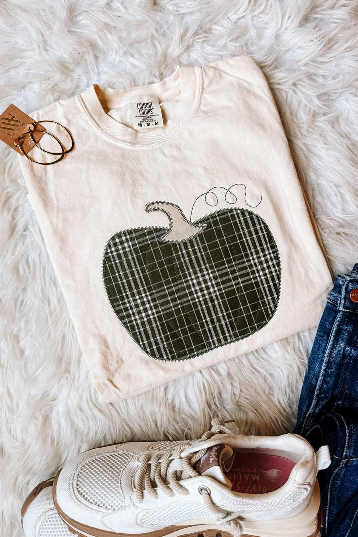 Green Plaid Appliqué Pumpkin Graphic Tee - Ivory