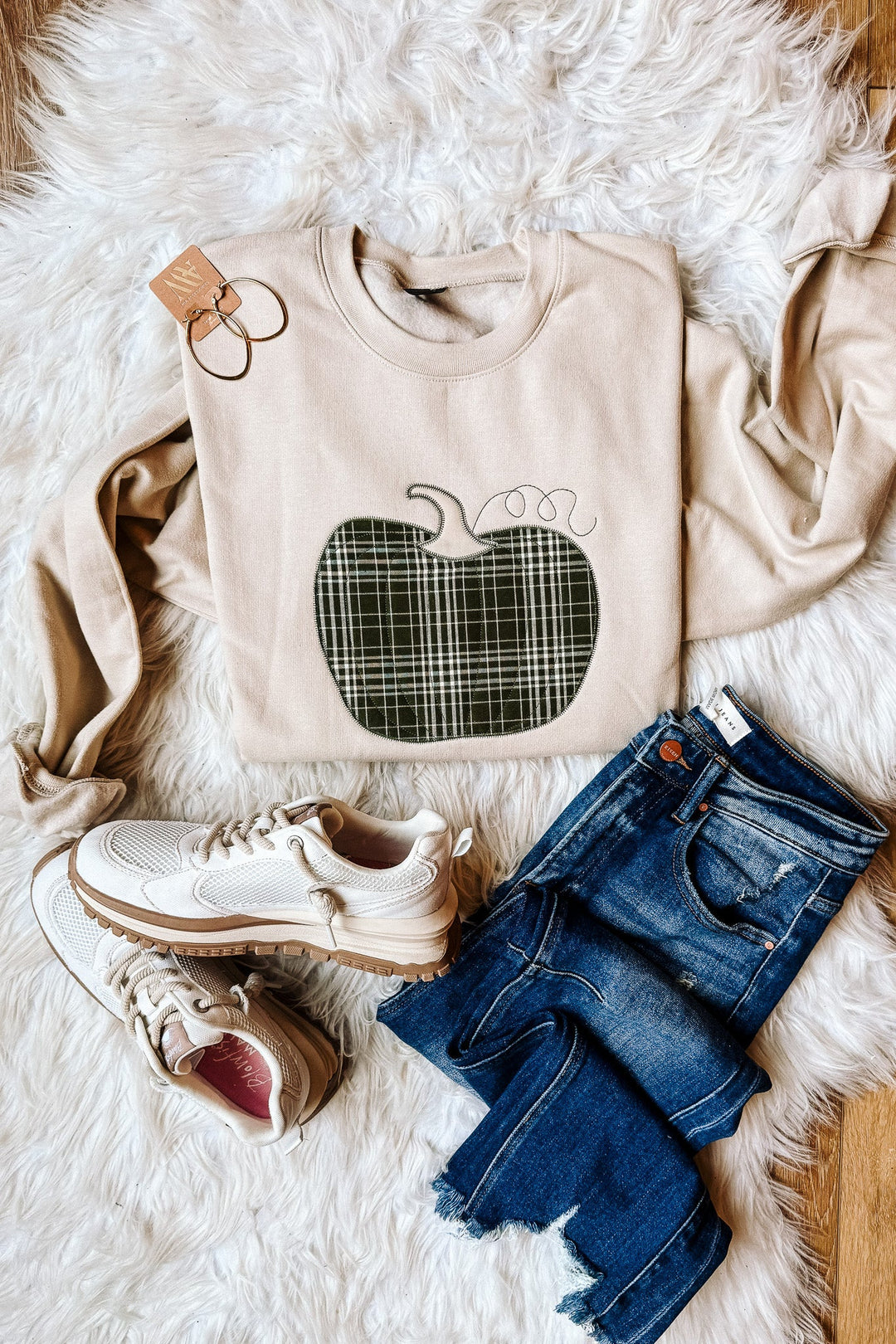 Green Plaid Appliqué Pumpkin Sweatshirt - Sand