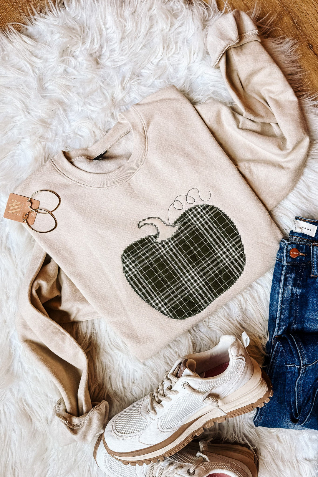 Green Plaid Appliqué Pumpkin Sweatshirt - Sand