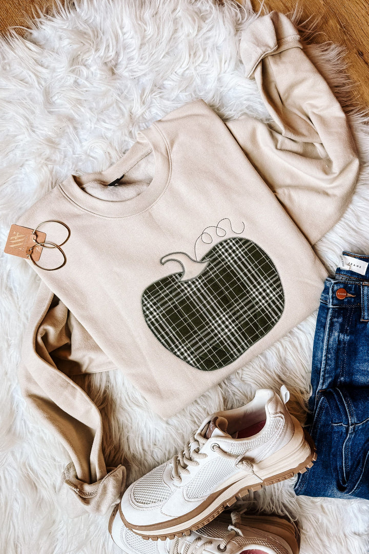 Green Plaid Appliqué Pumpkin Sweatshirt - Sand