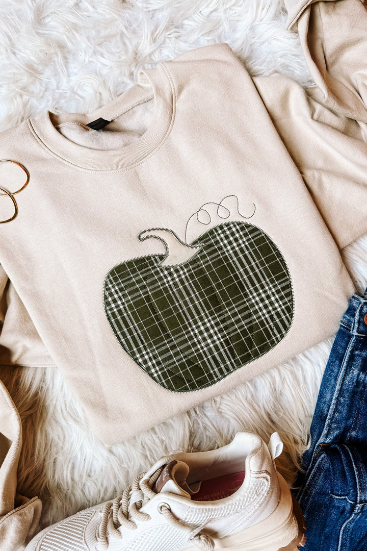 Green Plaid Appliqué Pumpkin Sweatshirt - Sand