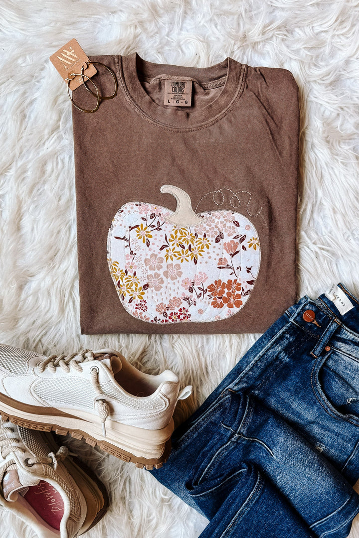Fall Floral Appliqué Pumpkin Tee - Espresso