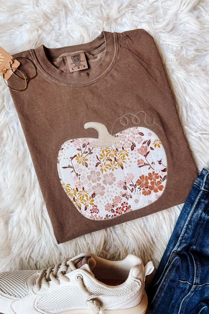 Fall Floral Appliqué Pumpkin Tee - Espresso